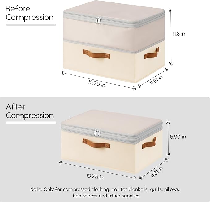 Large Closet Storage Bins - Compression Organizer Bins, Stackable Closet Organizer, Expandable Under Bed Storage Containers for Clothes, Towels, Sheet, 4 Pack, Beige
