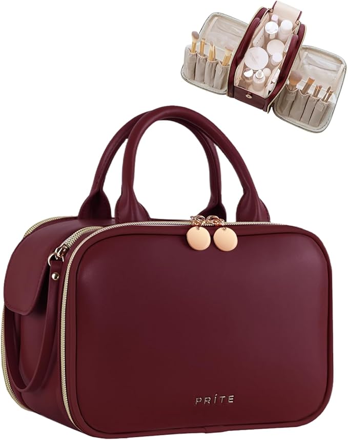 Prite Travel Makeup Bag Women’s Large Capacity Waterproof Cosmetic Organizer Portable Open Flat Toiletry Case with Free-standing Brush Holder and Handle(Burgundy Large)