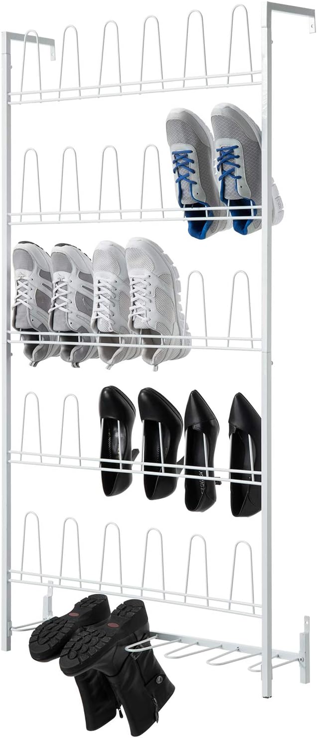 MyGift Modern Matte White Metal Wall shoe Rack in Closet, Mudroom and Entryway, Hanging Shoe Organizer Shelf Space Saving Organizer for Shoes and Boots, Holds 18 Pairs of shoe storge