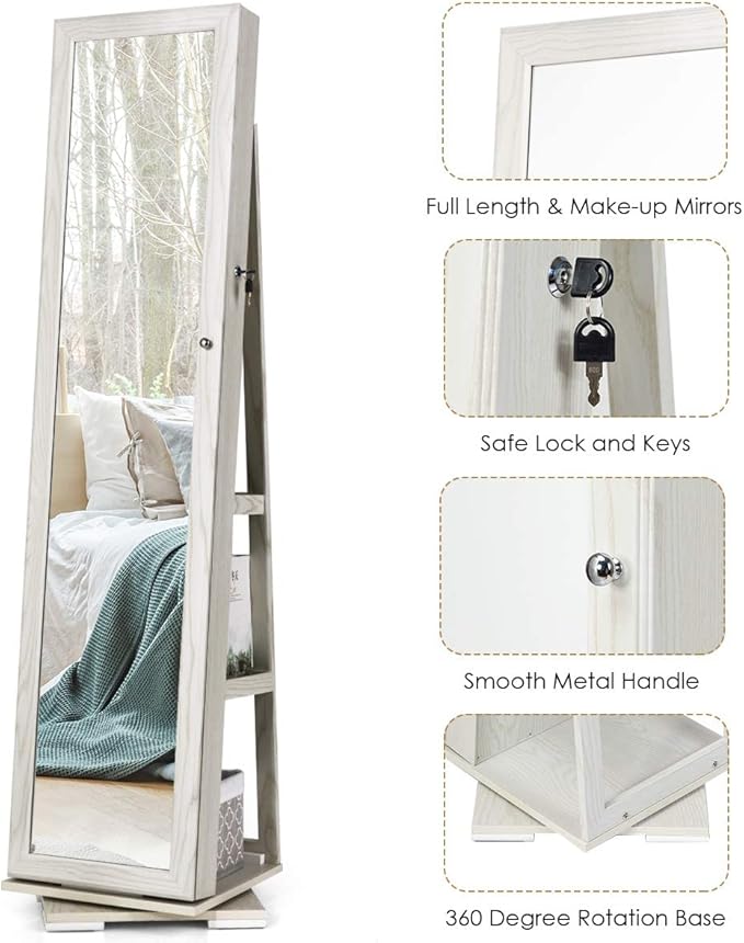 CHARMAID 360° Swivel Jewelry Armoire with Higher Full Length Mirror & Inside Makeup Mirror, Standing Lockable Jewelry Cabinet Organizer, Large Capacity, Back Storage Shelves (Grayish White)