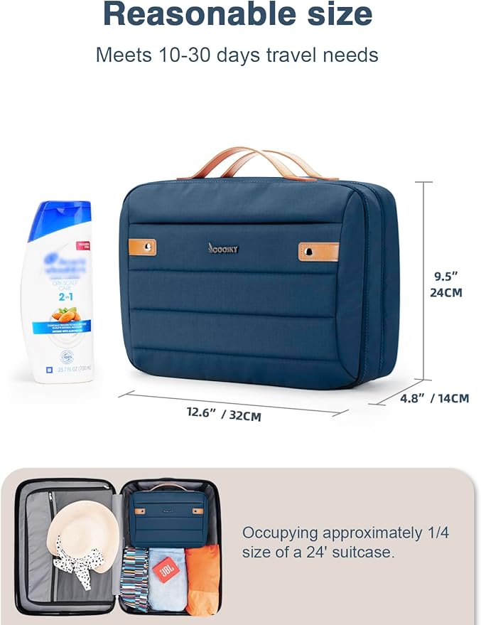 Women's Hanging Toiletry Bag, Waterproof Travel Cosmetic Organizer with Jewelry Storage, Large Capacity Makeup Case for Full-Size Skincare & Bathroom Essentials, Portable Cosmetic kit, Navy