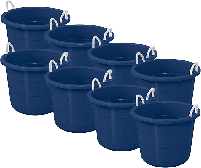 Life Story 8 Pack Open Storage Bucket, Round Plastic Container with Rope Handles, 17 Gallon, Blue