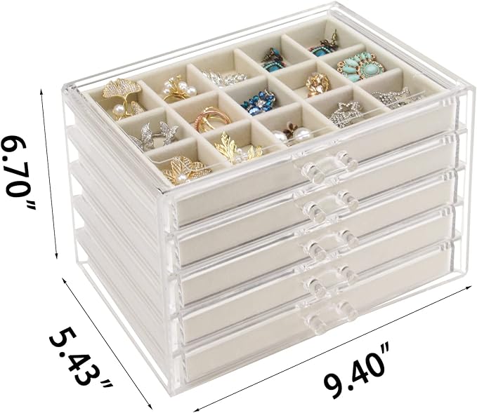Acrylic Jewelry Box with 5 Drawers, Clear Earring Storage Organizer Display Case for Women Girls, Beige