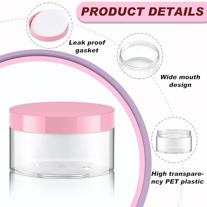 Dandat 24 Pcs 8 oz Plastic Jar Container with Lid and Label Refillable Empty Round Clear with Colourful Pet Cosmetic Sample Slime Containers for Lotion, Cream, Ointments, Body Butter, Travel Storage