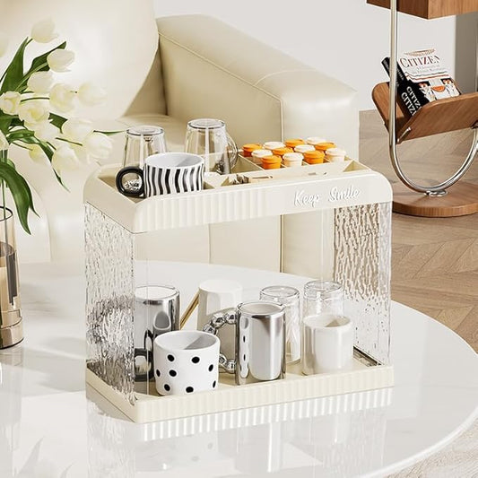 Bathroom Countertop Organizer, 2 Tier Makeup Storage Counter Shelf, Perfume Stand Vanity Holder Skincare Cosmetic Lipstick Dresser Office Tray for Bedroom Living Room Dressing Table, Acrylic