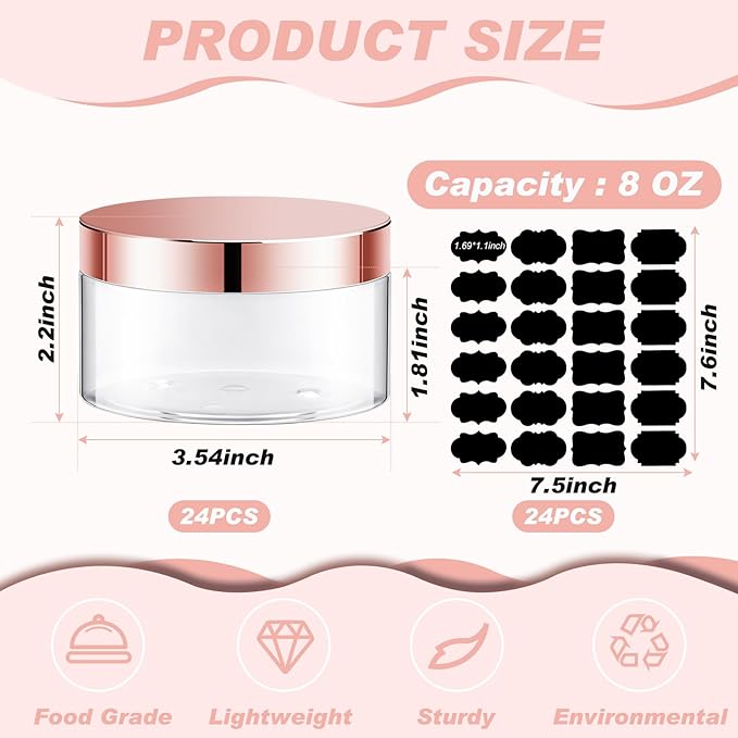 Dandat 24 Pcs 8 oz Plastic Jar Container with Lid and Label Refillable Empty Round Clear with Rose Gold Pet Cosmetic Sample Slime Containers for Lotion, Cream, Ointments, Body Butter, Travel Storage