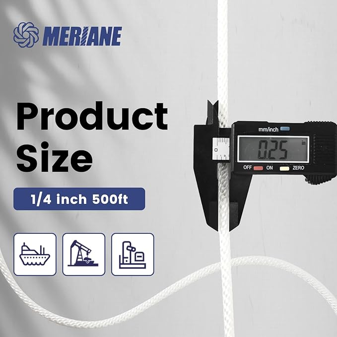 MERIANE Nylon Rope 500 Ft 1/4 Inch – Multipurpose Tightly Braided Rope – Abrasion & UV Resistant – Ideal Use for Camping, Clothesline, Marine, Flag Line - Solid Utility Rope for Indoor Outdoor