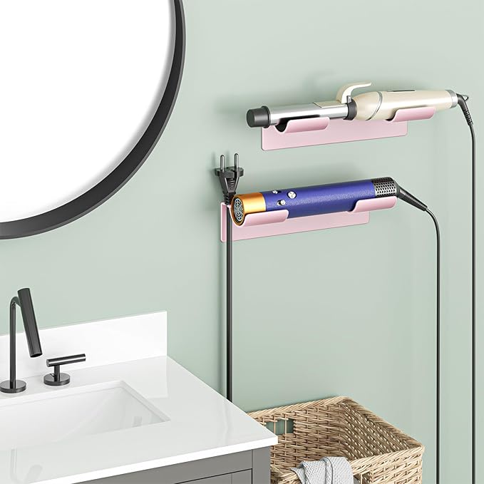 2 PCS Wall Mount Curling Iron Holder and Hair Tool Organizer with Adhesive, Multifunctional Hot Flat Iron and Hair Straightener Holder Storage Stand for Vanity, Cabinet and Wall, Rose Gold