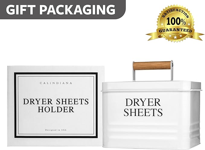 Calindiana Modern Farmhouse Metal Laundry Dryer Sheets Holder Fabric Softener Dispenser with Lid for Laundry Room Decor and Accessories and Space Saving Laundry Organization and Storage, White