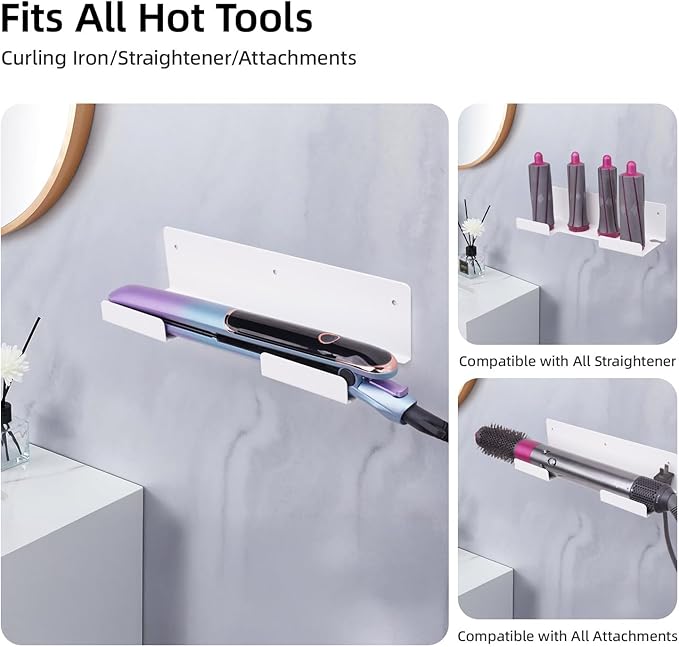 Straightener Holder, 2-Pack Stainless Steel Hair Tool Organizer, Hair Dryer Holder Wall Mount for, Adhesive Curling Iron holder, Straightener Storage for Bathroom White