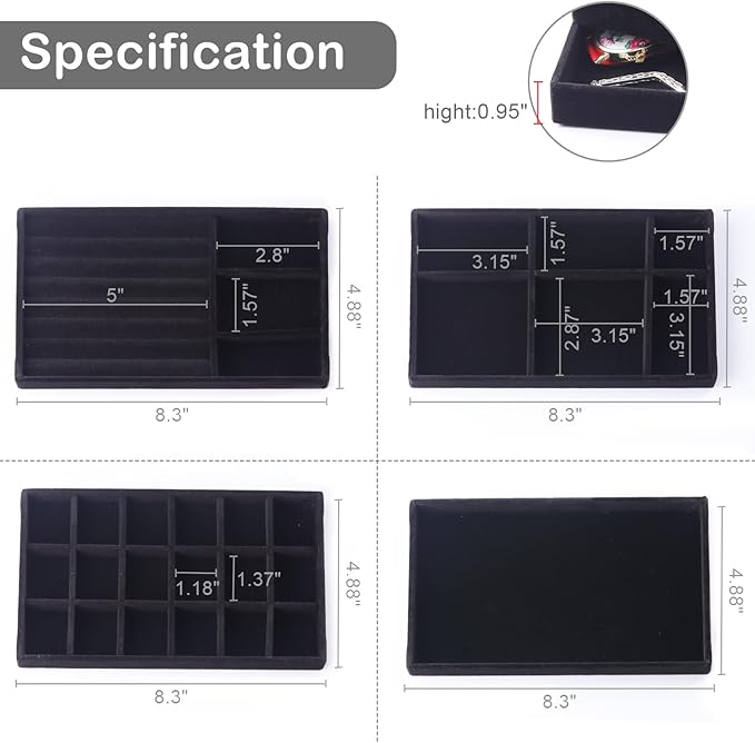 Jewelry Trays,Velvet Stackable Organizer Trays,Drawer Inserts Jewelry Display Case For Rings Stud Necklaces Earring Organizer Tray for Women Girls-8 Pack (Black)