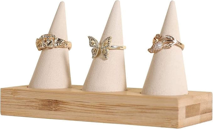 GemeShou Beige wood ring storage organizer, Velvet Jewelry ring display holder, Cute ring display stand for selling, wedding ring holder at nightstand【Beige with three cone】