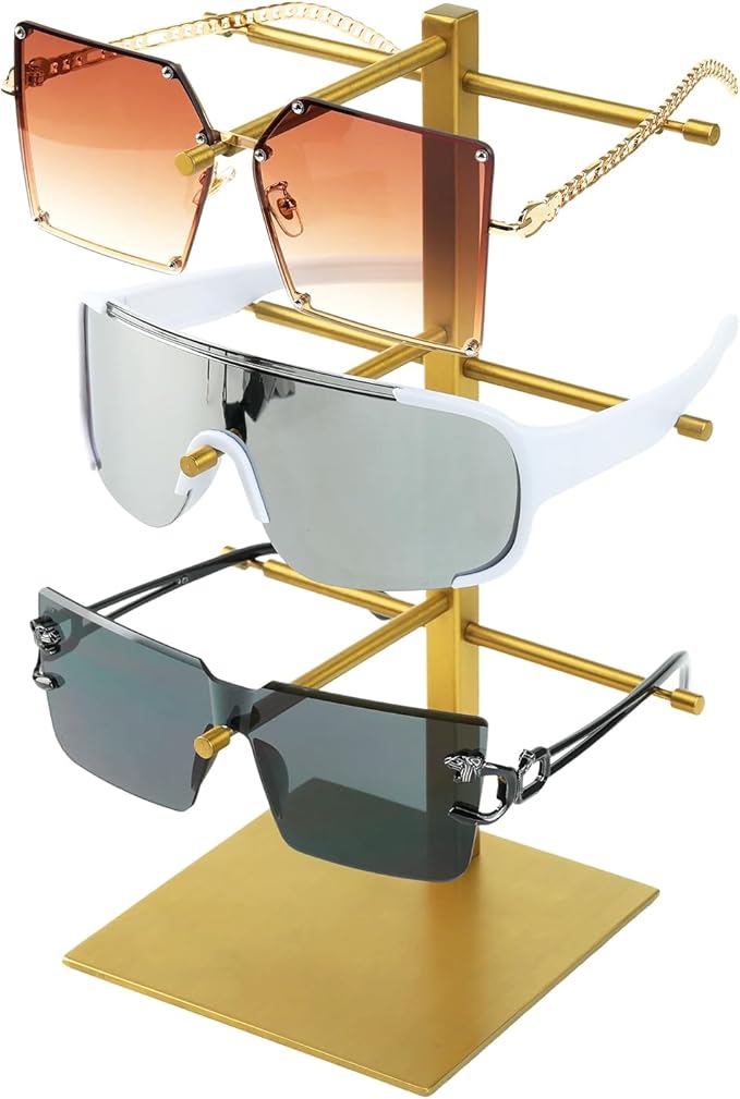 3-Tier Sunglass Display Stand,Sunglasses Organizer，Titanium Brushed Eyeglass Holder Stand，Gold Sunglasses Rack for homes, offices, boutique shops（PATENT PENDING