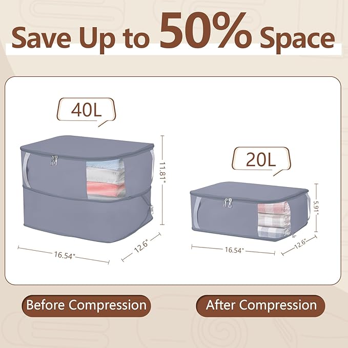 Comforter Storage Bag, Large Capacity Blanket Storage Bags with Visual Window, Ultra Space Saving Self Compression Organizer, Washable Compression Bag for Down Jacket, Pillow, Bedding, 2-Pack 40L Gray