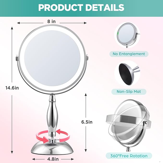 Makeup Mirror with Lights, 20X Magnifying Mirror with Light and Side Charging & Side Touch Switch, Vanity Mirror with 3 Color Light and 2-Side 360° Rotation Double Sided Standing Desk Mirror