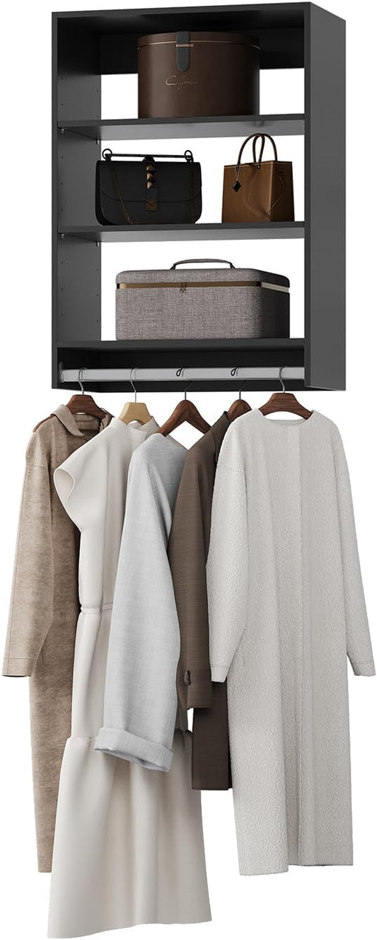 Medium Double Hanging Closet Unit, Modular Closet System, Wood Closet System Organizer with Storage for Walk In Closets, Clothing Rack Closet for Hanging Clothes, Bedroom, Black, 22.5"W