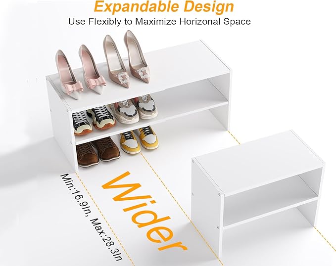 White Shoe Rack Organizer for Closet, 2-Tier Expandable Shoe Shelf, Stackable Iron Wood Combination Small Shoe Racks Shelves for Closets, Entryway,Small Space,Hallway,Garage,6-12 Pairs,Patent Pending
