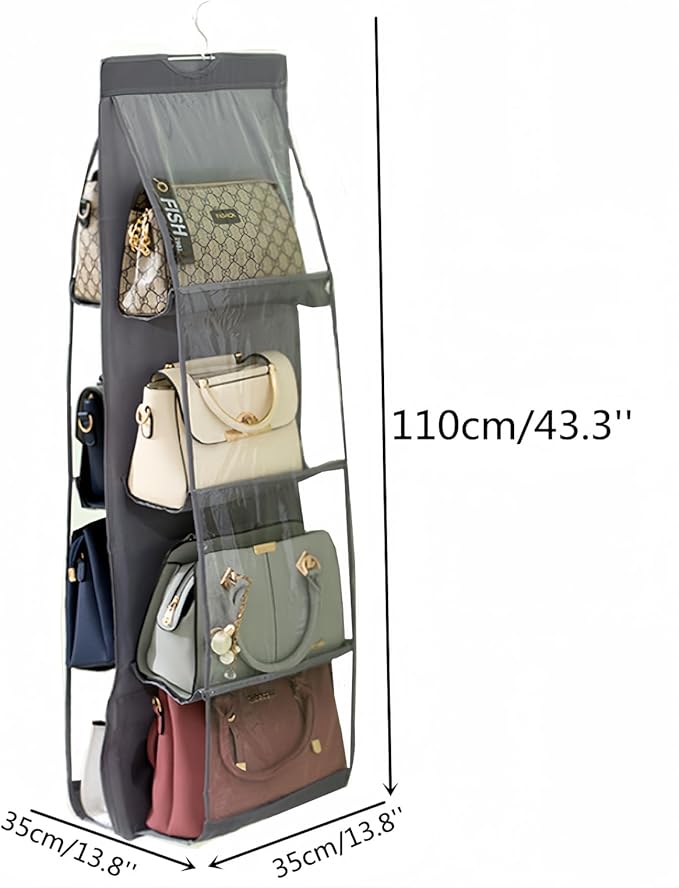 HAN SHENG 8 Pockets Clear Handbag & Purse Organizer Hanging Bag Storage - Space Saving Hanging Shelf for Closet, Wardrobe, Over Door (2 Pack, Grey)