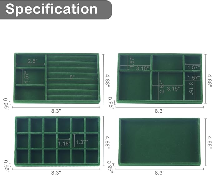 Jewelry Trays for Drawers, Set of 8 Stackable Velvet Jewelry Tray Inserts for Rings, Earrings, Necklaces, Bracelets – Fits Most Dresser/Closet Drawers, Non‑Slip Lined, Green