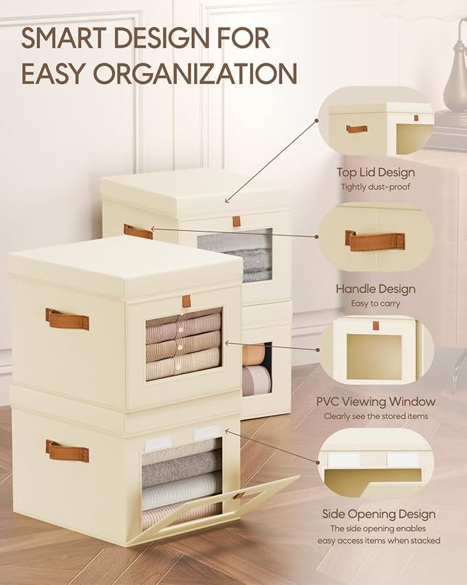Storage Bins with Lid – Closet Organizer with Side Opening and Clear Window, Foldable Stackable Fabric Basket for Clothes, Home, Office - 13.77" x 11.8" x 9.8", 4 Pack, Beige