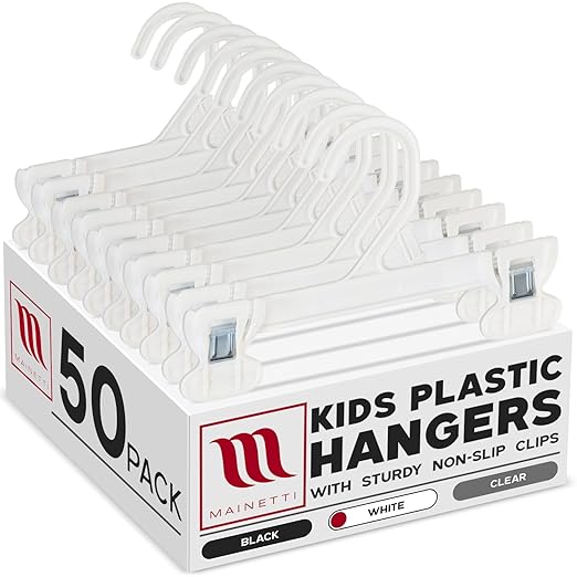 Mainetti 6108PWS50 White All Plastic Hangers - 50 Pack with Sturdy Plastic Non-Slip Clips, Great for Pants/Skirts/Slacks/Bottoms, 8 Inch