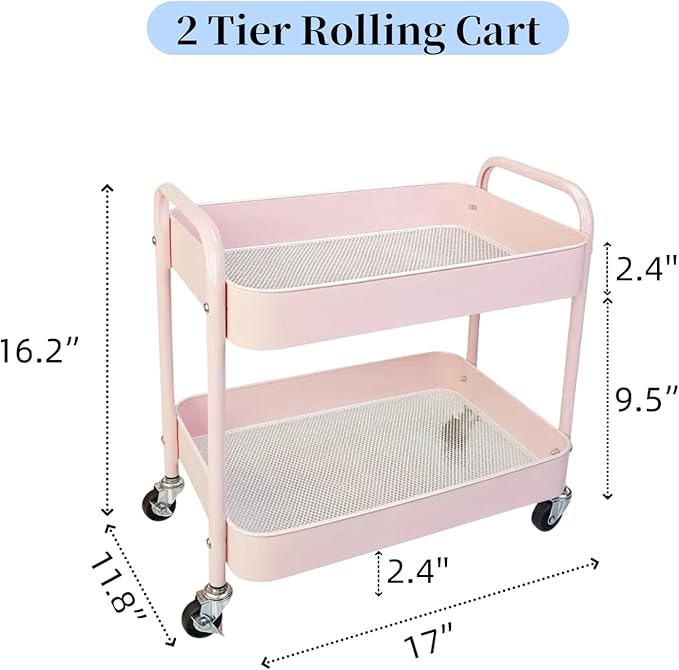2 Tier Pink Rolling Cart with Wheels for Under Desk Storage, Large Capacity Rolling Pantry & Kitchen Storage Cart for Small Space, Sturdy Metal Bathroom Shelf Laundry Room Organization