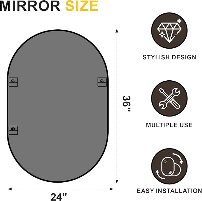 Oval Bathroom Mirror for Wall, 24"x36" Bathroom Vanity Mirror for Over Sink, Bedroom, Living Room, Entryway, Metal Frame & HD Shatterproof Glass, Wall Mounted Horizontally or Vertically(Black)