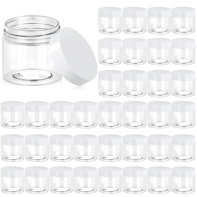 Eternal Moment 36 Pack 6 OZ Plastic Jars Round Clear Cosmetic Container Jars with White Lids, Perfect for Lotion, Slime，Cream, Ointments, Makeup, Eye Shadow, Samples, Pot, Travel Storage