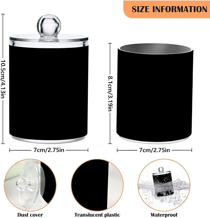 Qilmy Solid Black Qtip Holder 2 Pack, 14 oz Apothecary Jars Bathroom Vanity Organizer Canister for Qtips, Cotton Swabs, Cotton Balls, Cosmetic Pads, Flossers, Bath Salts