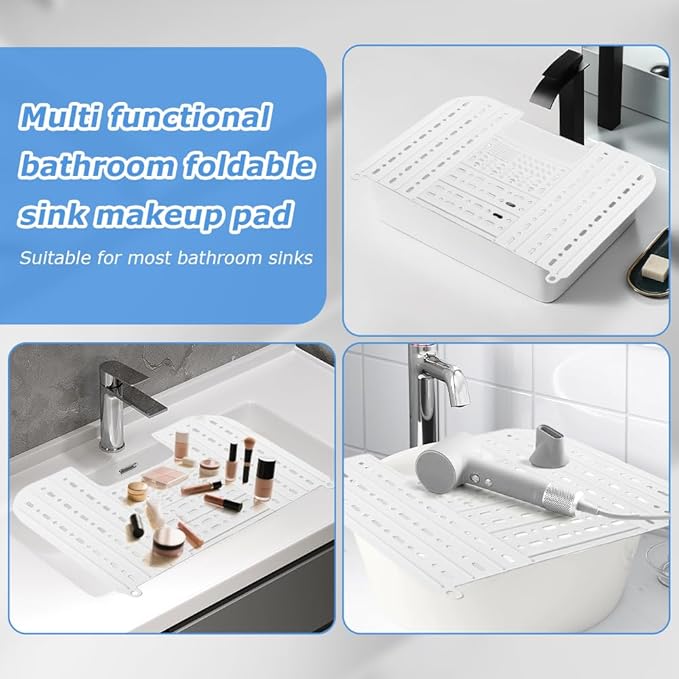 Bathroom Sink Cover for Counter Space With Storage Bag, 22 * 17" Foldable Sink Cover,Silicone Beauty Makeup Brush Cleaning Mat,for Counter Space & Storage Saver(white)