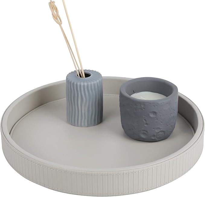 HofferRuffer Round Decorative Tray, Faux Leather Vanity Tray Decor, Decorative Catchall for Perfume, Bathroom Valet, Nightstand or Dresser (Grey Stripe, Round-12" x 12" x 1.6")