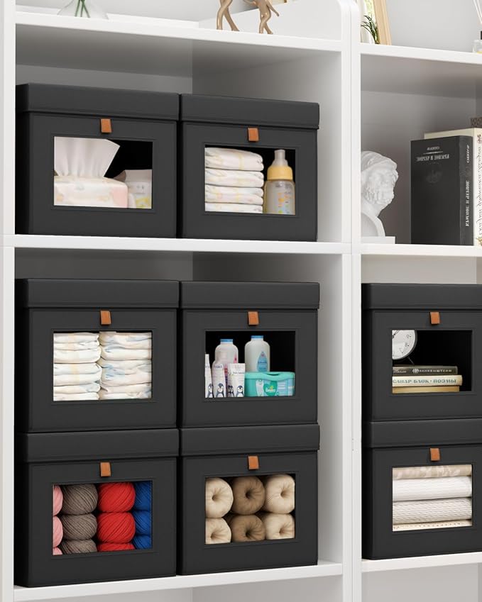 Storage Bins with Lid – Closet Organizer with Side Opening and Clear Window, Foldable Stackable Fabric Basket for Clothes, Home, Office - 13.77" x 11.8" x 9.8", 3 Pack, Black