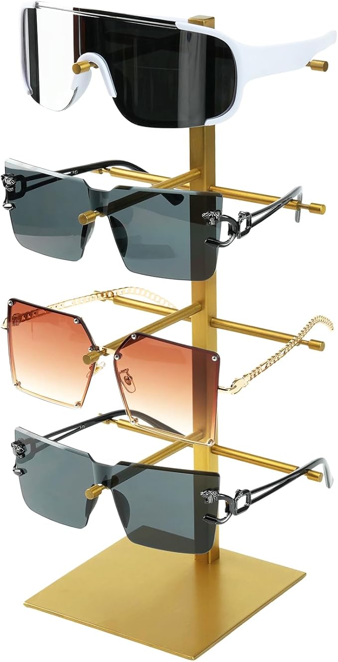 4-Tier Sunglasses Organizer, Sunglass Display Stand, Titanium Brushed Eyeglass Holder Stand, Gold Sunglasses Rack for Homes, Offices, Boutique Shops（PATENT PENDING