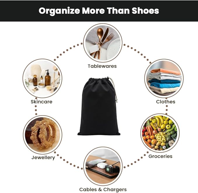 LFH Cotton Shoe Storage Bags with Drawstring, Dustproof Breathable Reusable Organizer, Perfect For Travel, Dorm, Hotel, College, Gym, Easy to Carry, Machine Washable 8"x17" (Pack of 2) - Black sand