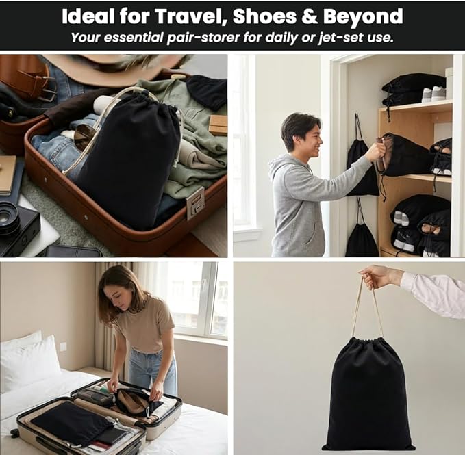 LFH Cotton Shoe Storage Bags with Drawstring, Dustproof Breathable Reusable Organizer, Perfect For Travel, Dorm, Hotel, College, Gym, Easy to Carry, Machine Washable 12"x17" (Pack of 4) - Black sand