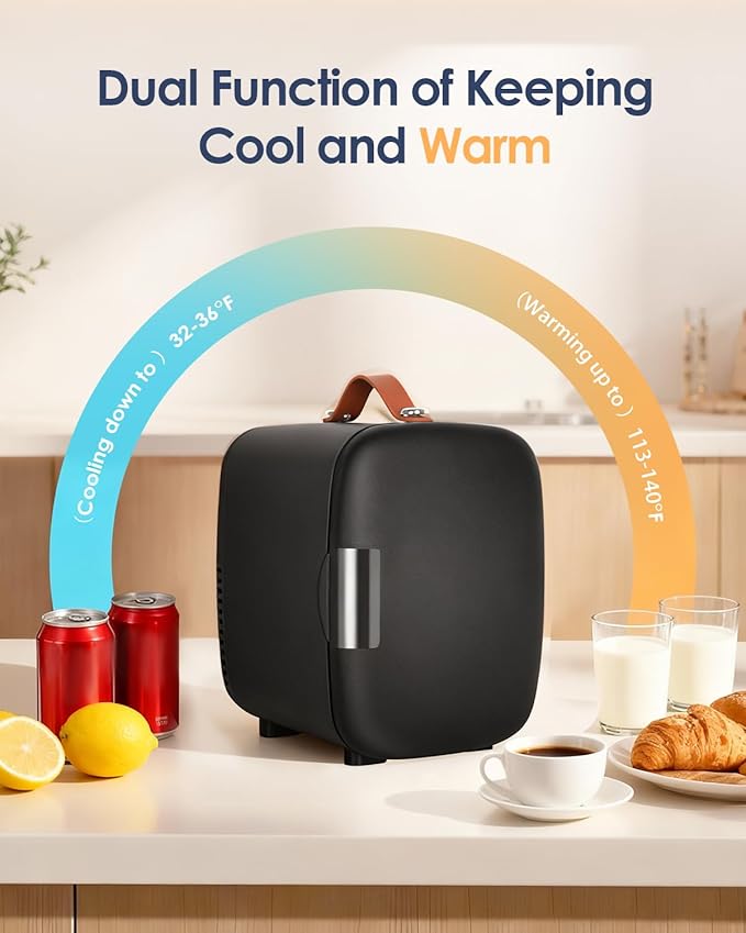 Compact Refrigerator, Portable Mini Fridge for Skincare Food Drinks, 4L/6 Can Electric Plug In Cooler & Warmer, AC/DC Skincare Refrigerator for Bedroom Office Car Dorm (Black)