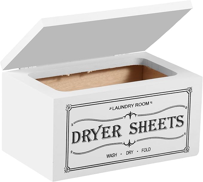 Dryer Sheet Holder with Lid, Wooden Laundry Room Organization and Storage, Large Capacity Softener Sheets Dispenser, Fabric Softener Container for Laundry Room Bathroom (White)