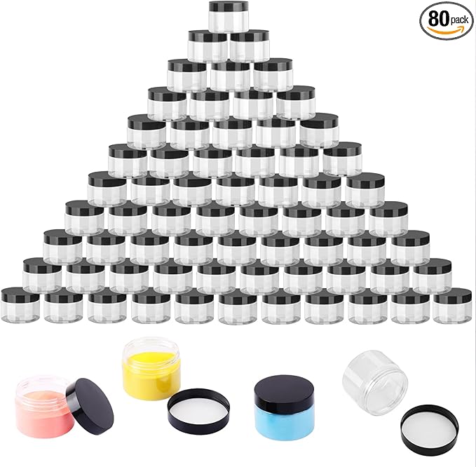 80 Packs 4 OZ Transparent Plastic Jars with black Lids, Body Butter Containers, Cosmetic Containers jars for Kitchen Ingredients, beads, sequins, Lotion, Cream, DIY Crafts and More by KUKLIPJIM.
