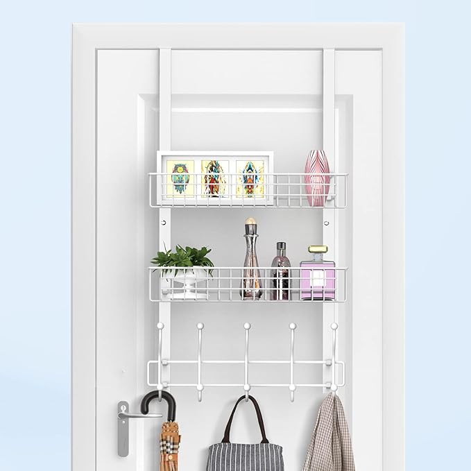 Coat Rack, Over The Door Hanger with Mesh Basket, Detachable Storage Shelf for Towels, Hats, Handbags, Coats (White-2 Baskets)