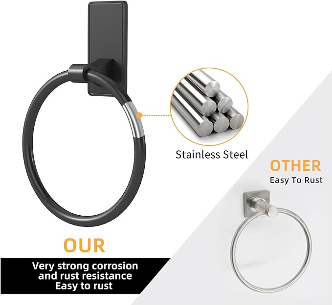 Towel Ring, SUS304 Hand Towel Holder for Bathroom，Matte Black Towel Holder Bathroom Adhesive Towel Hanger for Bathroom, Kitchen, 2 Pack