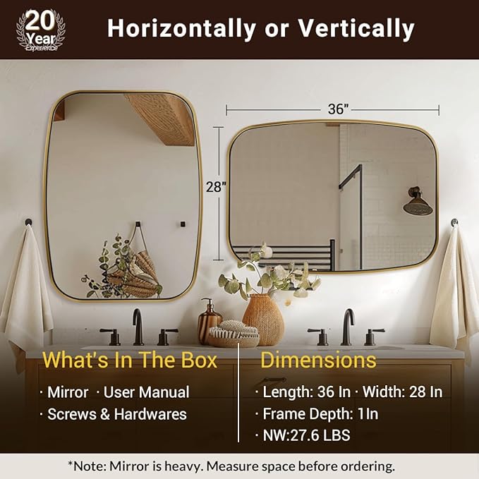 ANDY STAR Brushed Gold Oval Bathroom Mirror, 28x36 Inch Brass Oblong Mirrors for Wall, Modern Vanity Mirror in Stainless Steel Metal Tube Frame, Wall Mount Horizontal or Vertical