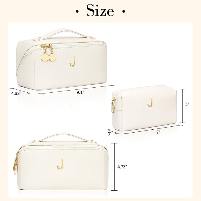 Valentine's Day Gifts for Women Teen Girl, Personalized Initial Makeup Organizer Bag Set, Open Flat Travel Cosmetic Bag With Clear Divider and Handle(Beige,J)