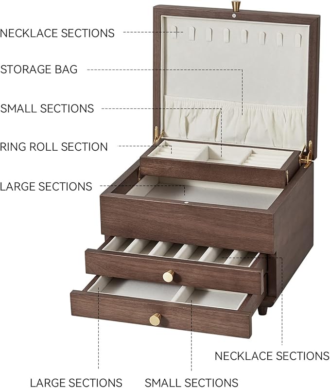Wooden Jewelry Box, 3 Layer Large Jewelry Organizer for Women, Jewelry Storage, for Necklaces Rings Earring Watches Bracelets, Black Walnut Wood, Valentine's Day Gift