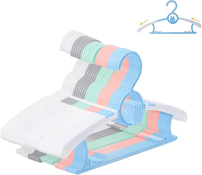 30 Pack Baby Hangers, Non-Slip Kids Hangers, 11"-14" Adjustable Infant Hanger, Space Saving Plastic Hanger for Girl Boy Toddler Kids Child (Multicolour)