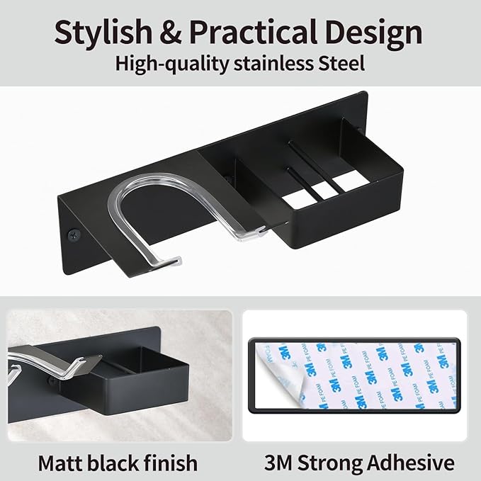 Hair Dryer Holder Wall Mounted, Stainless Steel Blow Dryer Holder for Bathroom, Hair Dryer and Straightener Holder Adhesive or Drilling, Hair Tool Organizer for Salon Barber Shops Black BANJEKT