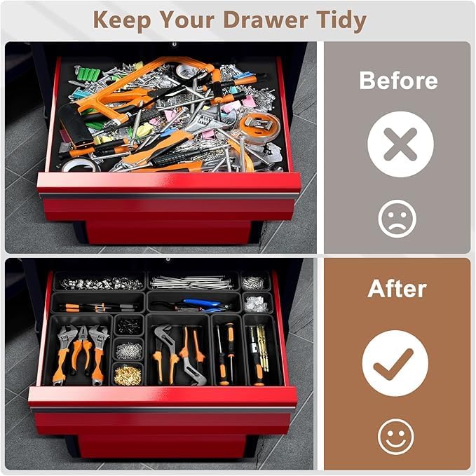 【Upgraded to 6 Size】A-LUGEI Tool Box Organizer,【Fits 100+ Tools】 Black Garage Organization and Storage Tray Divider Set, Desk Drawer Organizer, Toolbox for Tool Chest Cart WorkBench Small Parts Widget