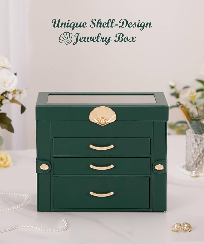 Jewelry Box with 3 Drawers: Display Organizer for Earrings Necklaces - Gifts for Girls Women (Forest Green)