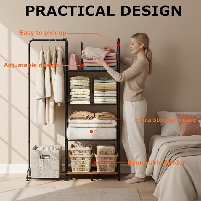 4 Tier Hanging Closet Organizer Separable Hanging Closet Shelves with 4 Adjustable Dividers Freestanding Wardrobe Closet Organizer for Clothing Sweaters Shoes Handbags Clutches Accessories