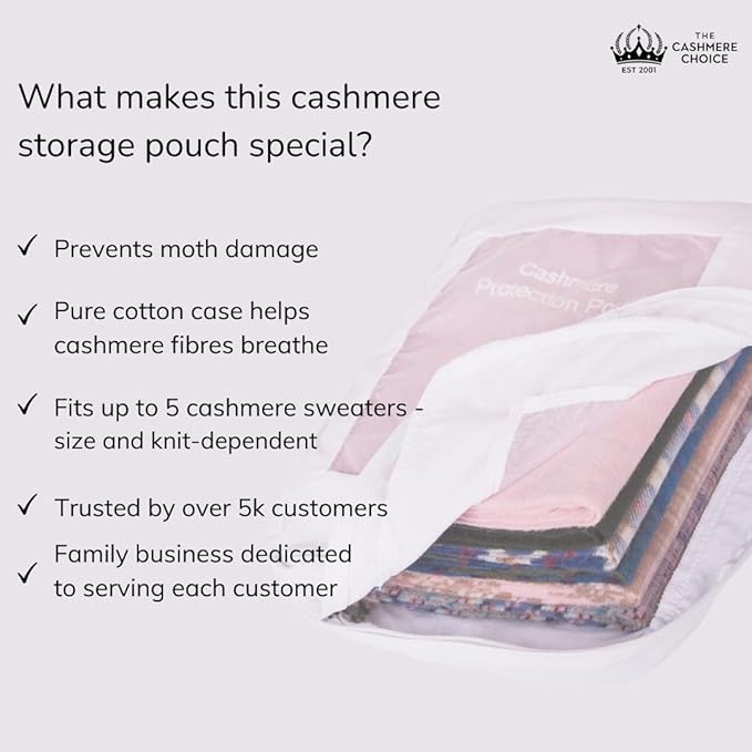 The Cashmere Choice 5 Pack Cashmere Wool Sweater Storage Bags Moth Proof – 100% Cotton Breathable Clothes Protection Pouch – XL