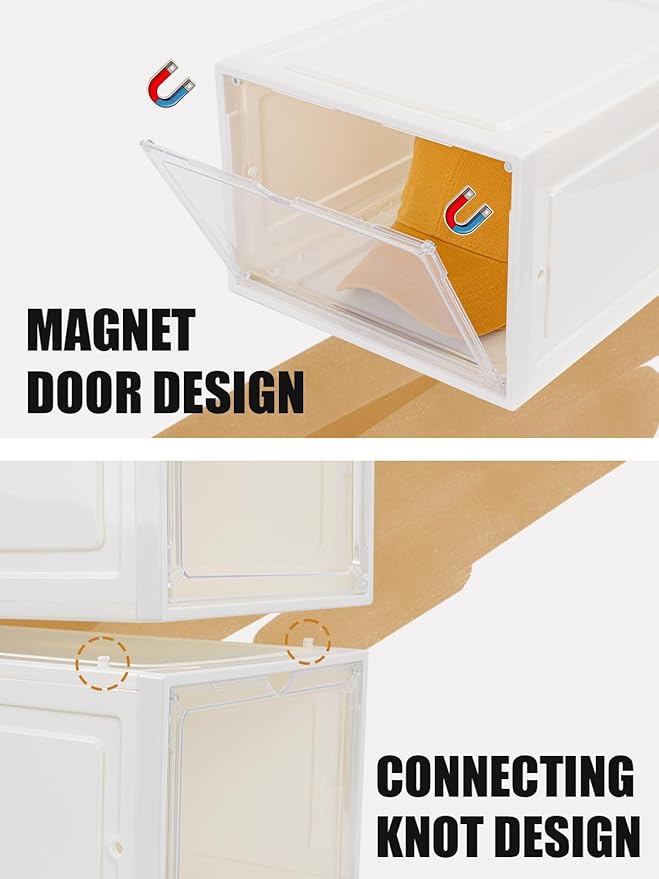 6 Pack Hat Organizer Box, Stackable Clear Baseball Caps Holder Box Containers with Magnetic Door for Hats Snapback Cap Storag, Hat Rack Display Case, Holds 8 Hats Each (White)